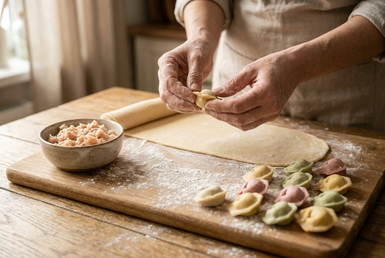 Мама лепит цветные пельмешки руками на доске с мукой